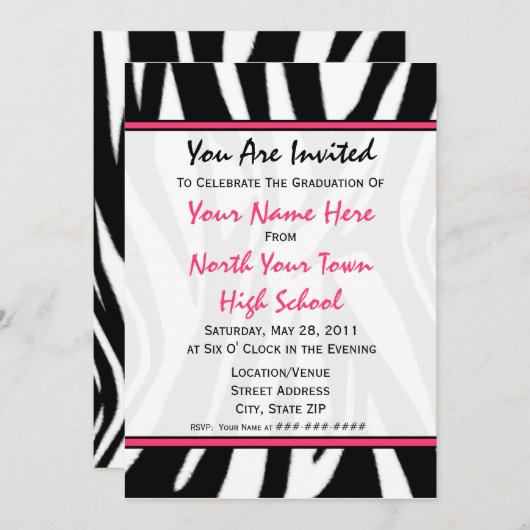 シマウマのプリントのファッションの卒業の招待状2011年 招待状 (正面/裏面)