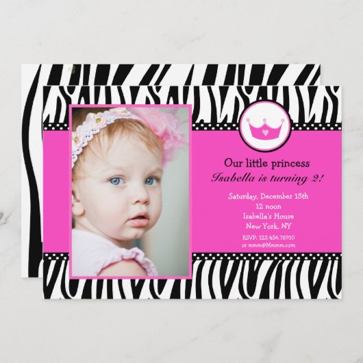シマウマのプリントのプリンセスの写真の誕生日の招待状 招待状 (正面/裏面)