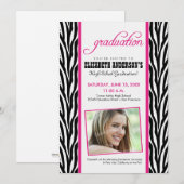 シマウマのプリントの卒業の発表(明るい赤紫色) 招待状 (正面/裏面)