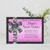 シマウマのプリントの弓とのローズピンクのグリッターの招待 招待状 (スタンド正面)