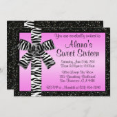 シマウマのプリントの弓とのローズピンクのグリッターの招待 招待状 (正面/裏面)