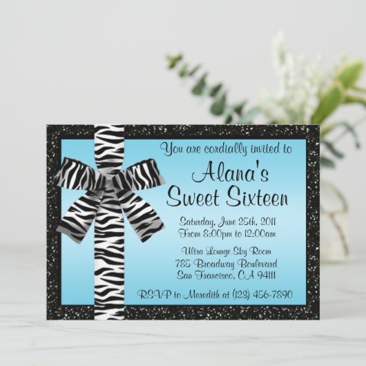 シマウマのプリントの弓との青いグリッターの招待 招待状 (スタンド正面)