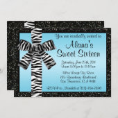 シマウマのプリントの弓との青いグリッターの招待 招待状 (正面/裏面)