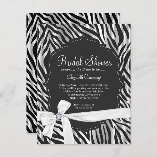 シマウマのプリントの白いリボン及びダイヤモンドのファッションのブライダル 招待状 (正面/裏面)