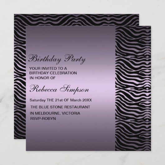 シマウマのプリントの紫色及び黒い誕生日の招待状 招待状 (正面/裏面)