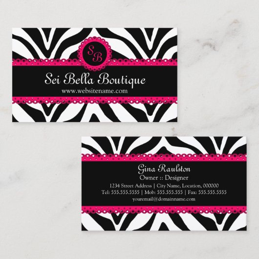 シマウマのプリント及びピンクのレースのモノグラム 名刺 (正面/裏面)