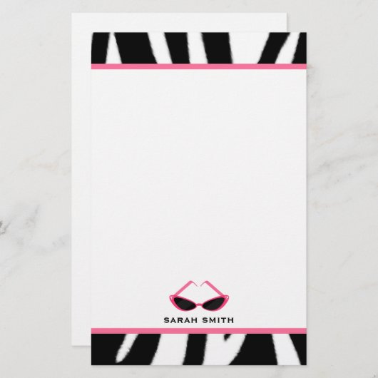 シマウマのプリント及びレトロのピンクのサングラス 便箋 (正面/裏面)