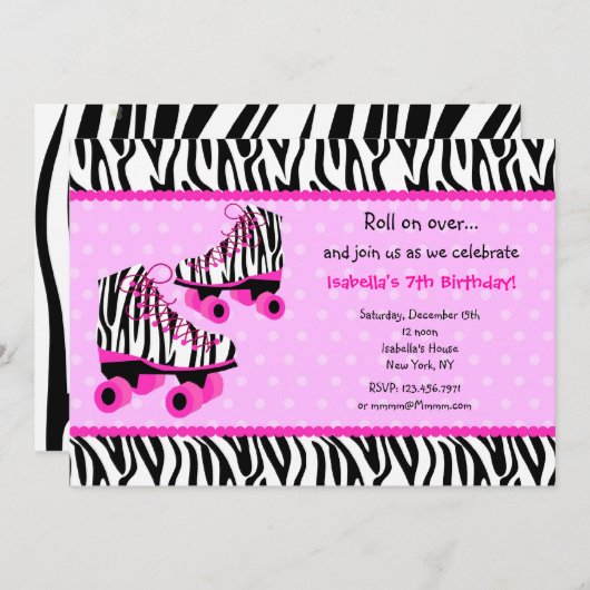 シマウマのローラースキーズのスケートの誕生日の招待状 招待状 (正面/裏面)