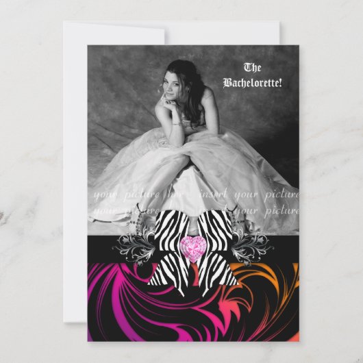 シマウマの弓バチェロレッテの写真のオレンジ紫色 招待状 (正面)