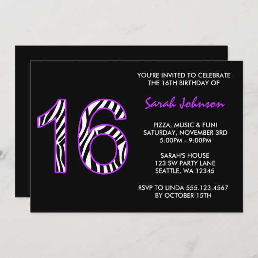 シマウマの紫色および黒い菓子16の誕生日 招待状 (正面/裏面)