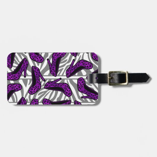 シマウマの紫色のチータのハイヒールの靴のプリント ラゲッジタグ (正面横)