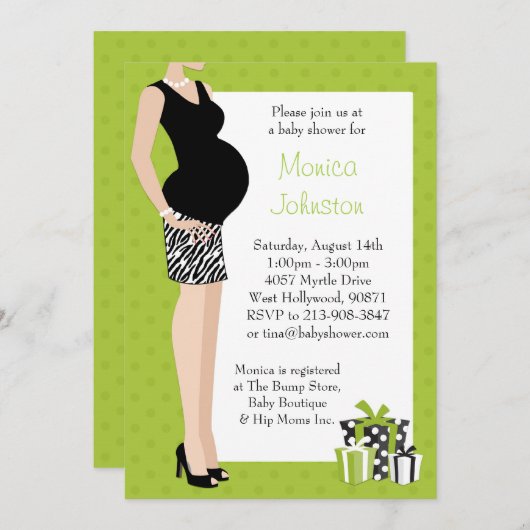 シマウマパターンとのベビーシャワーの招待状の緑 招待状 (正面/裏面)