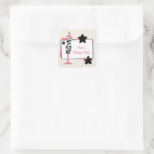 シマウマ及びピンクの服の用紙の誕生会のステッカー スクエアシール (バッグ)