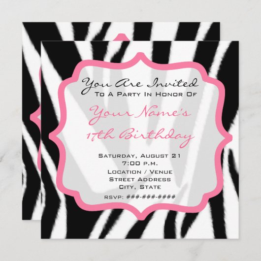 シマウマ及びピンクの誕生会 招待状 (正面/裏面)