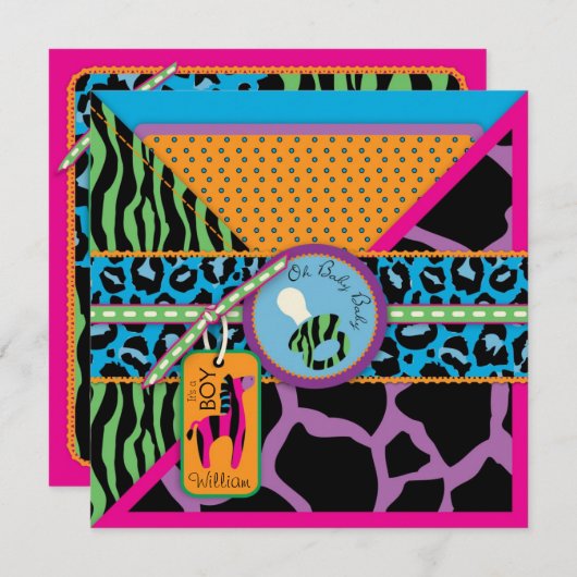 シマウマ及び調停者のサファリのアニマルプリントのベビーシャワー 招待状 (正面/裏面)