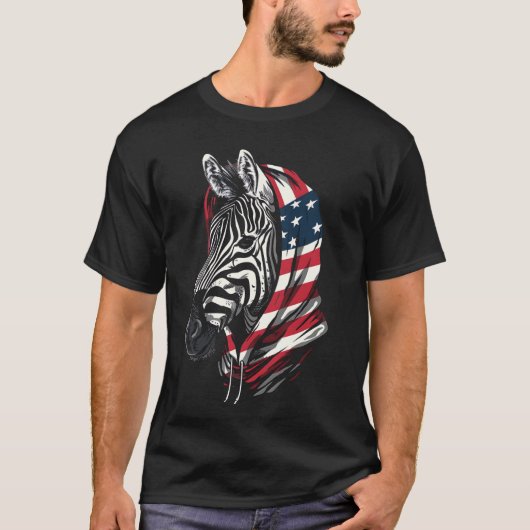 シマウマ米国国旗と愛国的なアメリカ動物園の動物サファー Tシャツ (正面)