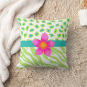 シマウマ・チータヒョウ皮グリーンホワイトピンクの花 クッション (ブランケット)