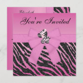 シマウマ、ピンクのカップケーキ及びアニマルプリントのグリッターのパーティー 招待状 (正面/裏面)