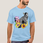 シマウマ 青い 色とりどりの デイジー 花柄 野生動物 Tシャツ (正面)