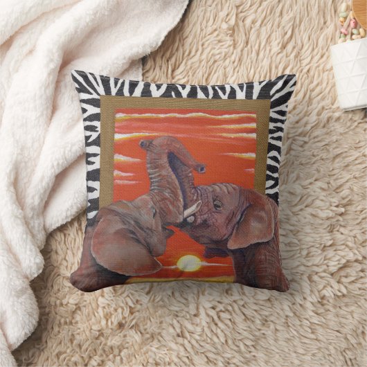 シマウマPattenとの愛日没のアフリカゾウ クッション (ブランケット)