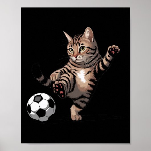 シマシマのトラ猫がサッカーを蹴る とっても面白い猫好きグッズ ポスター (正面)