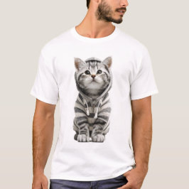 シマシマのフーディーを着た愛らしいグレー+タビー+子猫 Tシャツ