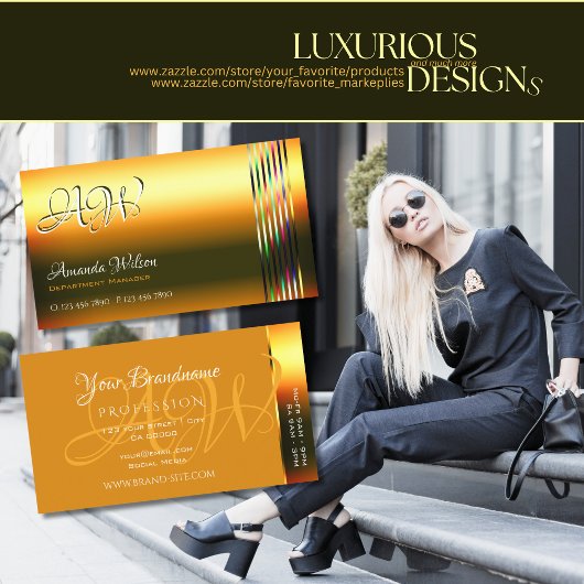 シマリーオレンジデコカラフルアストライプセズモノグラム 名刺