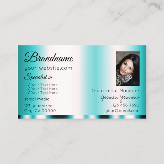 シマリーティール(緑がかった色)グラマラスとロゴと写真モダン 名刺 (裏面)