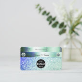 シマリーティール（緑がかった色）ブルーグリッタースパークルスターとロゴ 名刺 (スタンド正面)