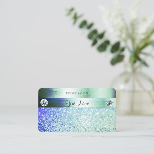 シマリーティール（緑がかった色）ブルーグリッタースパークルスターズダイヤモンド 名刺 (スタンド正面)