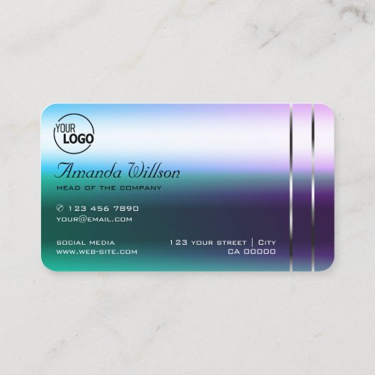 シマリーティール（緑がかった色）紫グラデーションシルバーの装飾とロゴ 名刺 (裏面)