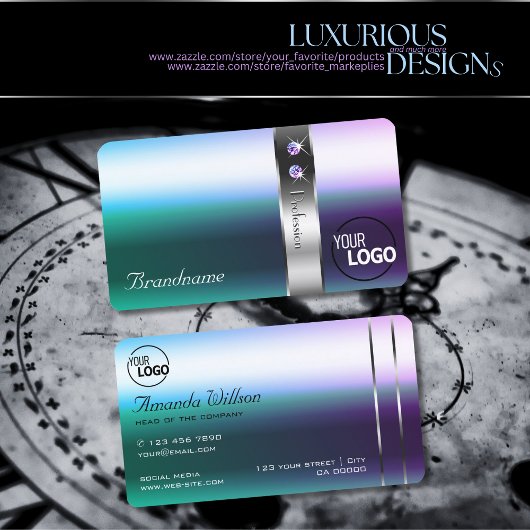 シマリーティール（緑がかった色）紫グラデーションシルバーの装飾とロゴ 名刺