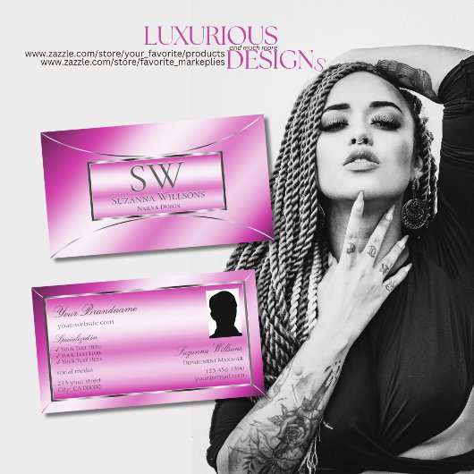 シマリーピンクシルバーデコールとモノグラムと写真 名刺