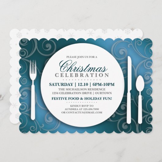 シマリーブルークリスマスディナーパーティの招待状 招待状 (正面/裏面)