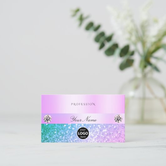 シマリーライトピンクティール（緑がかった色）グリッターとロゴパステル 名刺 (スタンド正面)