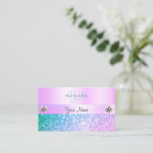 シマリーライトピンクティール（緑がかった色）グリッターモノグラムパステル 名刺 (スタンド正面)