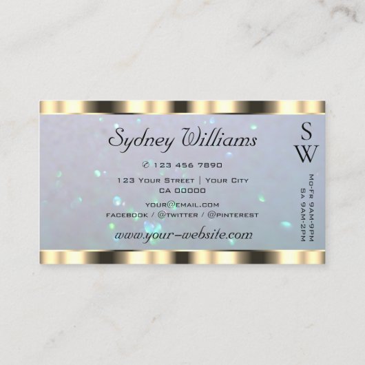 シマリー金ゴールドライトブルーパールグリッターモノグラム 名刺 (裏面)