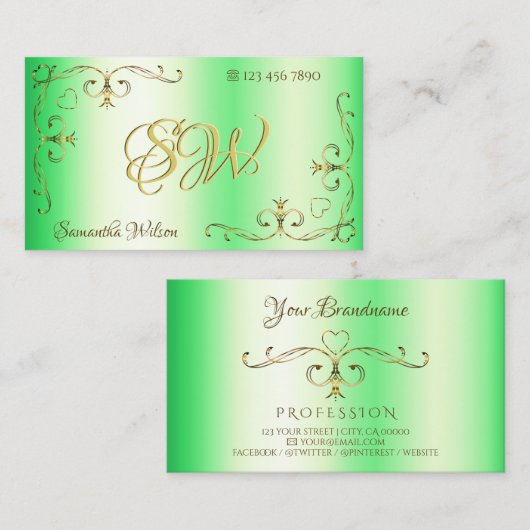 シマーリーグリーンと金ゴールド華美コーナーイニシャル 名刺 (正面/裏面)