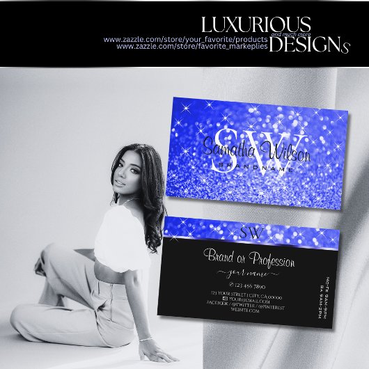 シマーリーブルー王室のグリッタースパークルスターズモノグラム 名刺