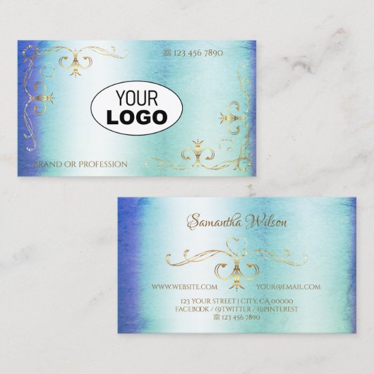 シマーリーマーブルブルーティール(緑がかった色)金ゴールド華美コーナーロゴ 名刺 (正面/裏面)