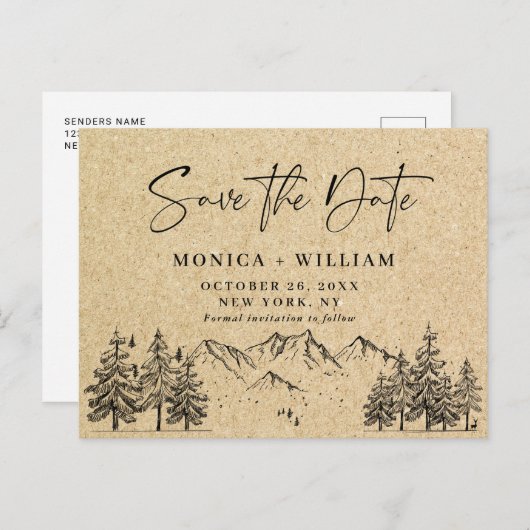 シミュレートされたクラフト紙ウェディング日付の保存 ポストカード (正面/裏面)