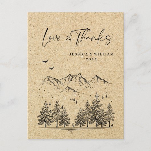 シミュレートされたクラフト紙フォレストマウンテンズサンキュー ポストカード (正面)