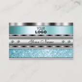 シメリーシルバーきらめくティール（緑がかった色）グリッターとロゴ 名刺 (正面)