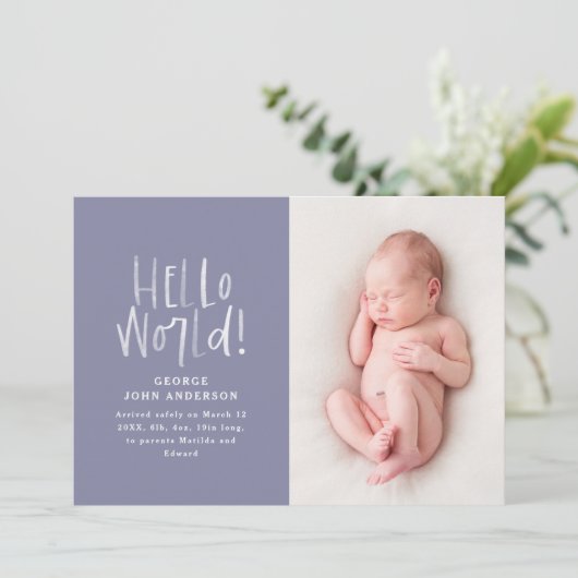 シモダンッミニマルク・パープルタイポグラフィ写真誕生 案内状 (スタンド正面)