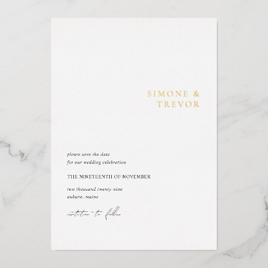 シモーネミニマルモダン結婚式の日付を保存 箔招待状 (正面)