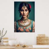 シャイなインディアン飾女の子と金ゴールドネックレス ポスター (キッチン)