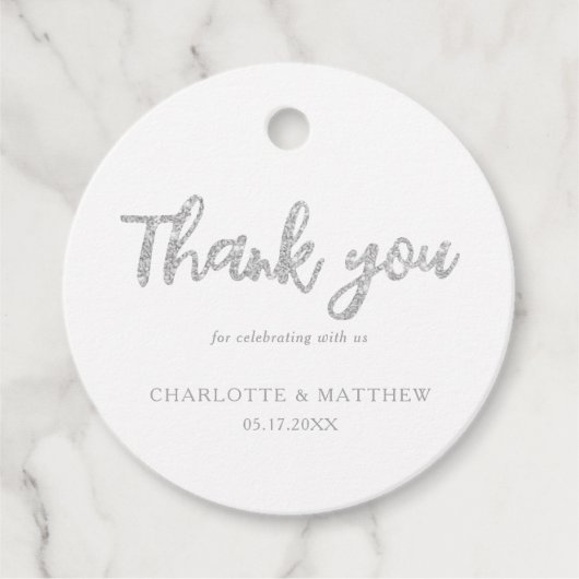 シャイエレガントーシルバーグリッター結婚式の引き出物ラベル フェイバータグ (正面)