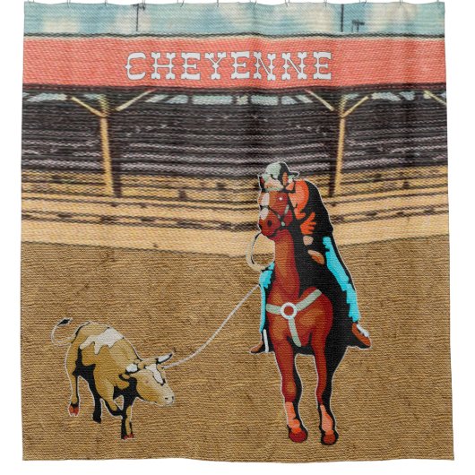 シャイエンヌのロデオのカウボーイの雄牛のロープをかけるチームロープをかけること シャワーカーテン (正面)