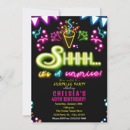 シャイサプライズパーティーネオン紙吹雪誕生日 招待状 (正面)