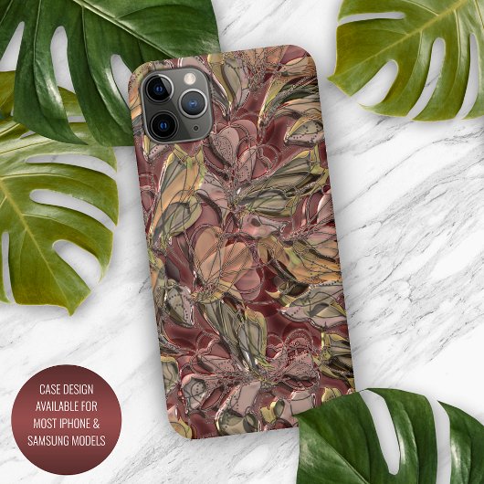 シャイニーなダークレッド+グリーン+ゴールドの花柄アート iPhoneケース
